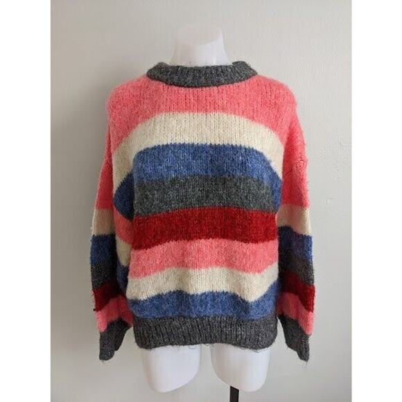 Zara Knit Medium Knitted Sweater Pullover Grey Pink Blue Colorblock Crew Neck - Picture 2 of 8